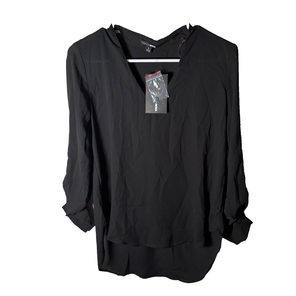 Fashion Nova Blouse Women's Small Black 3/4 Sleeve Lightweight V-Neck Top